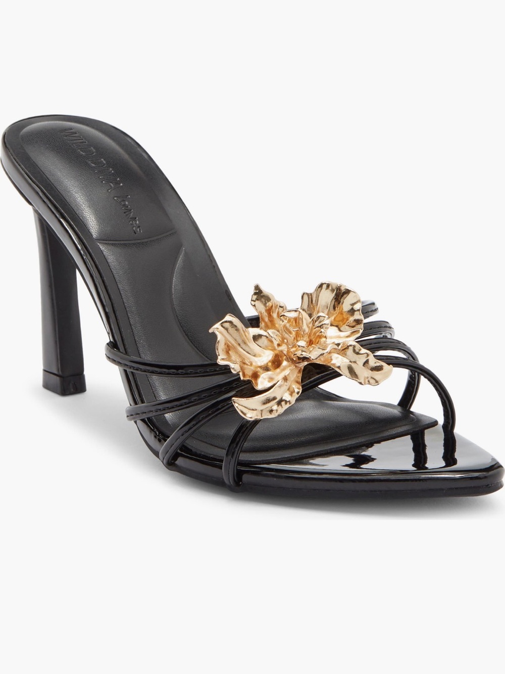 Wild Diva Black Patent Slide Sandal with Gold Floral Accent